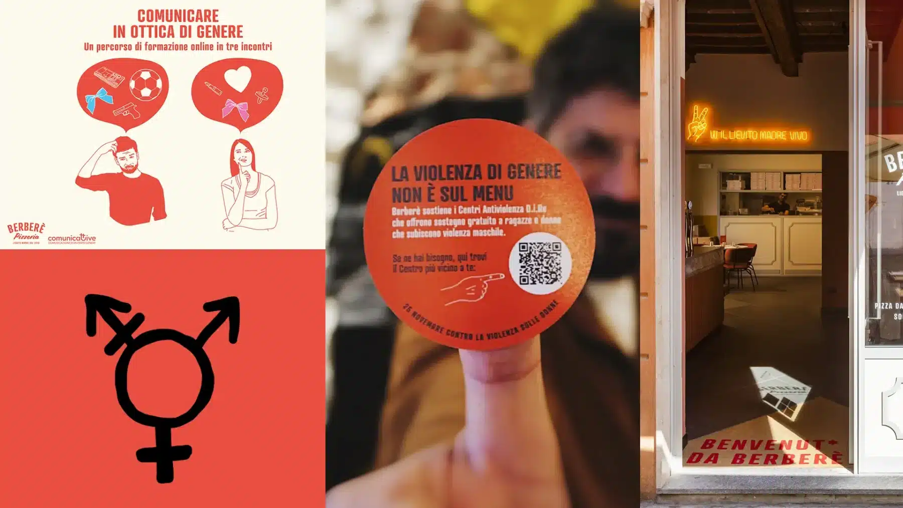 A collage image showing a man placing an anti gender violence sticker on a storefront window at Berbere.